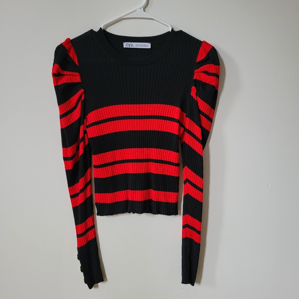 Zara Bold Black and Red Striped Crop Top